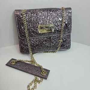 Mettalic Crinkled Envelope Crossbosy Evening Bag Grey Purple Posh Dressy Expands